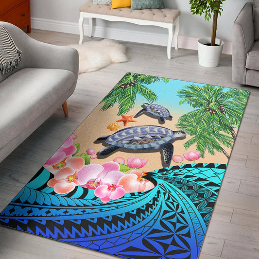 Polynesian Turtle Coconut Tree And Orchids Area Rug