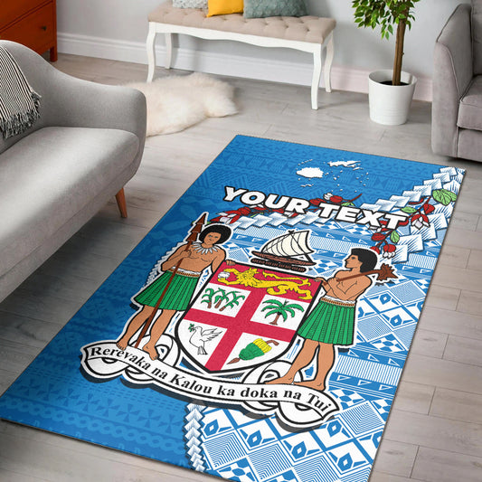 (Custom Personalised) Fiji Area Rug Fijian Drua Mix Tagimaucia Flower Blue Style Ver.01