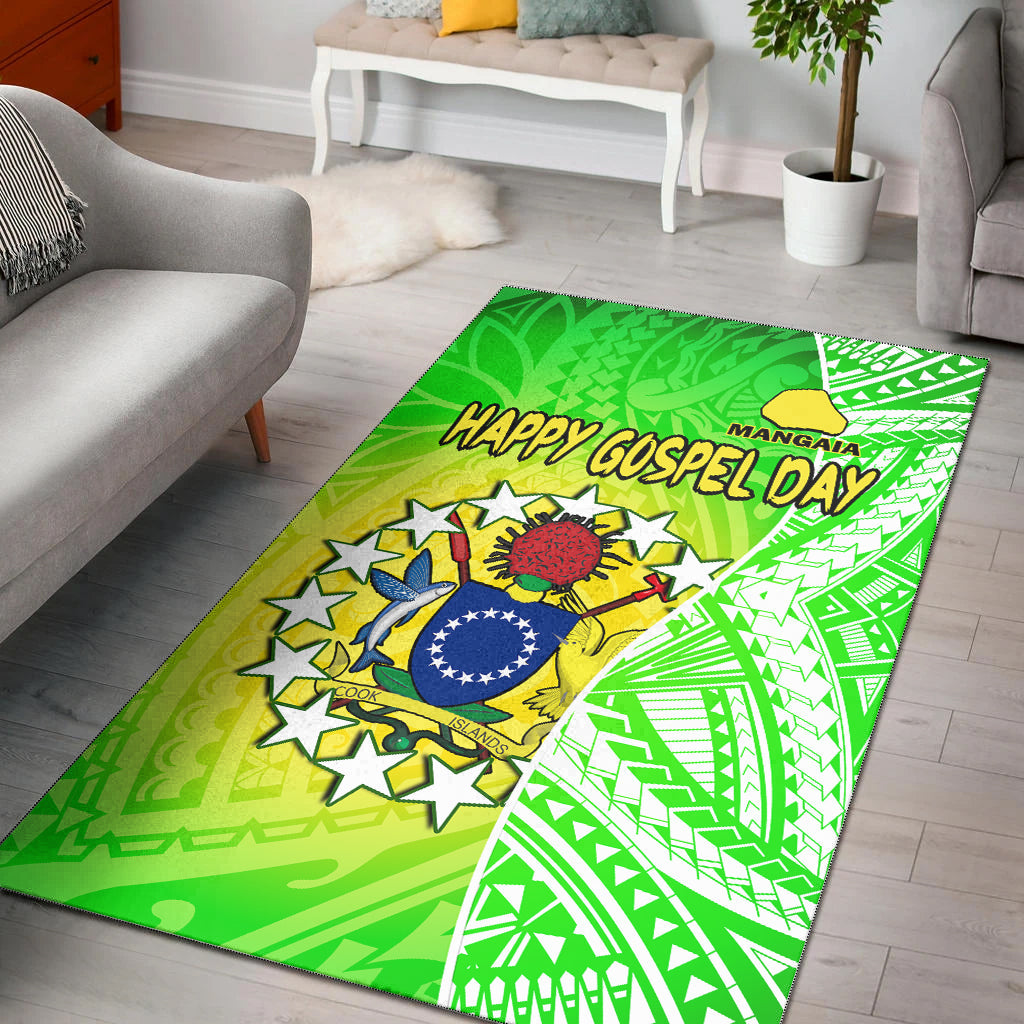 Happy Mangaia Gospel Day Area Rug Cook Islands Coat Of Arms Polynesian Pattern