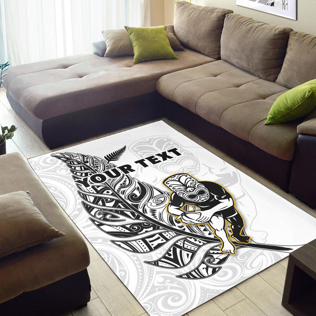 (Custom Personalised) New Zealand Silver Fern Rugby Area Rug All Black Maori Version White