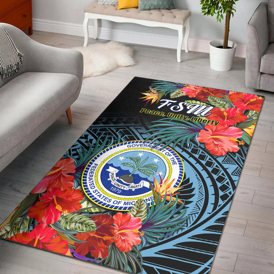 Federated States of Micronesia Area Rug Hibiscus Flowers FSM Seal Polynesian