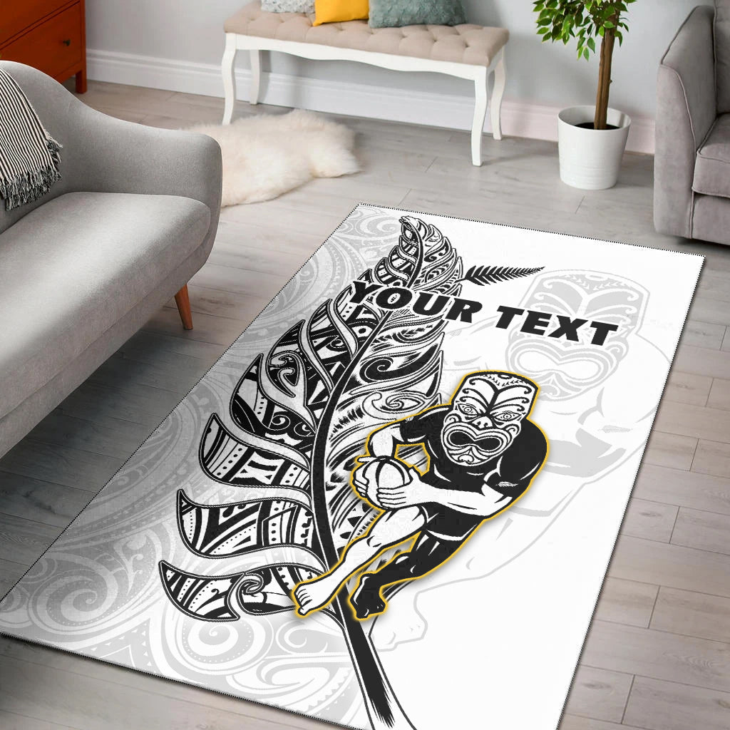 (Custom Personalised) New Zealand Silver Fern Rugby Area Rug All Black Maori Version White