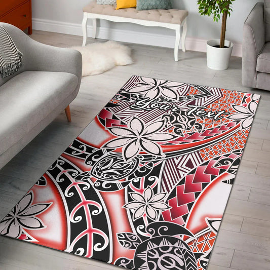 (Custom Personalised) Hawaii Area Rug Tribal Plumeria With Polynesian Turtle Ver.03