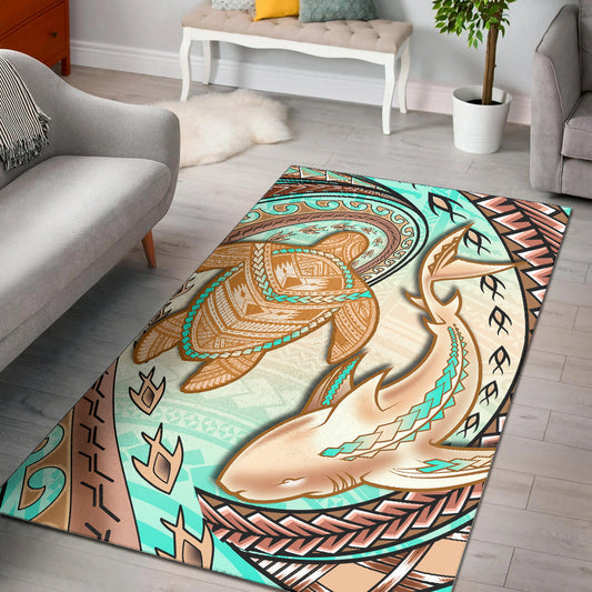 Hawaii Area Rug Polynesian Shark And Sea Turtle Dreamy Turquoise Artsy