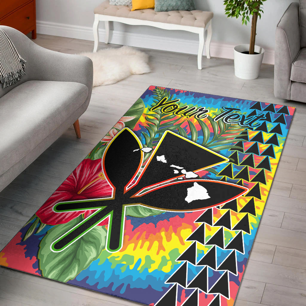 (Custom Personalised) Hawaii Rainbow Tie Dye Area Rug Flowers Polynesian Hawaiian Tribal