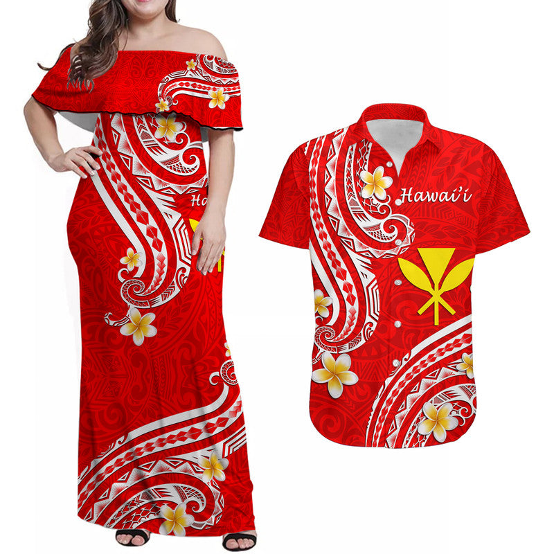 Hawaiian Matching Outfits For Couples Hawaii Combo Dress and Hawaiian Shirt Red Polynesian Line Style