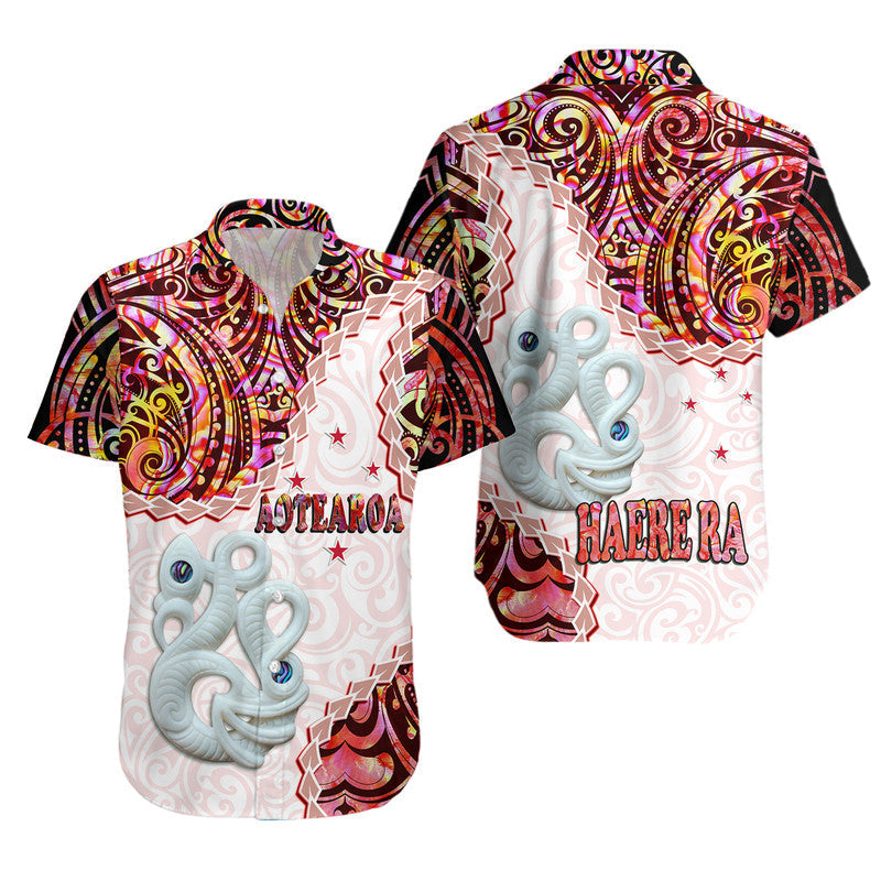 New Zealand Maori Hawaiian Shirt Aotearoa Manaia Red Paua Shell - Heare Ra