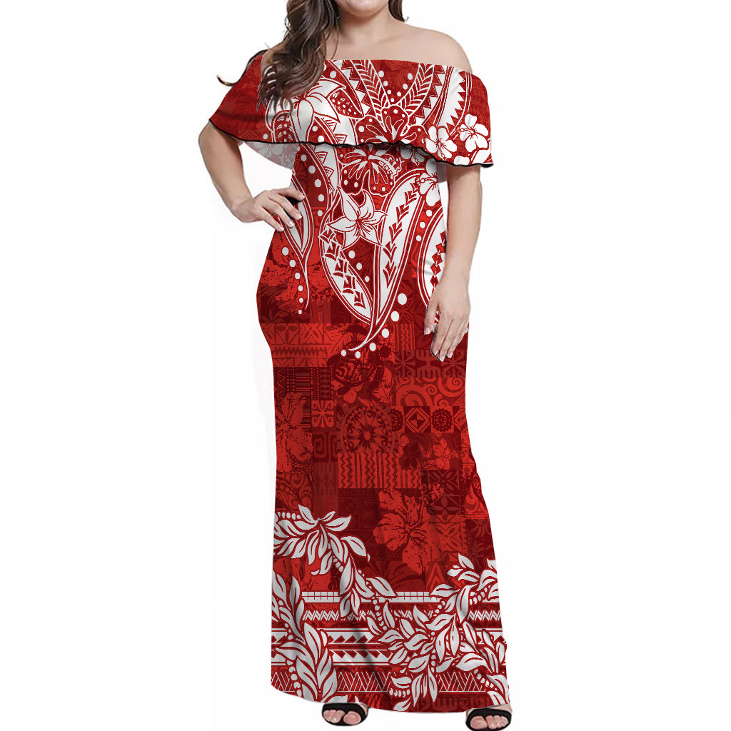 Polynesian Off Shoulder Long Dress Tapa Plumeria Style Red