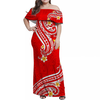 Hawaii Women Off Shoulder Long Dress Red Polynesian Line Style
