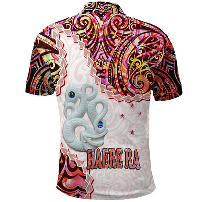 New Zealand Maori Polo Shirt Aotearoa Manaia Red Paua Shell - Heare Ra