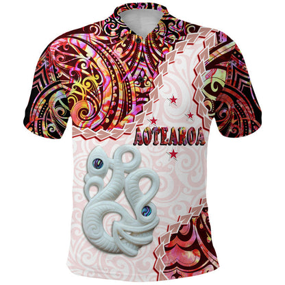 New Zealand Maori Polo Shirt Aotearoa Manaia Red Paua Shell - Kia Ora