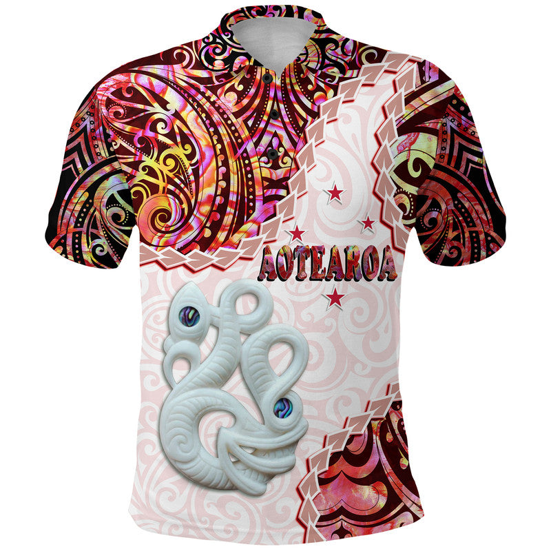 Custom Personalised New Zealand Maori Polo Shirt Aotearoa Manaia Red Paua Shell