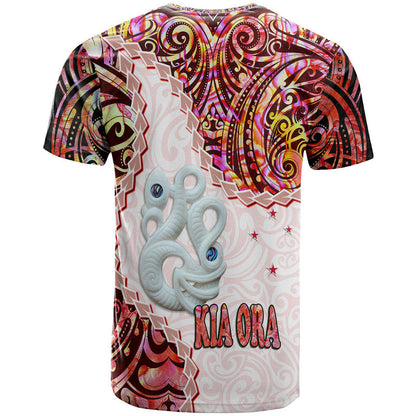 New Zealand Maori T Shirt Aotearoa Manaia Red Paua Shell - Kia Ora