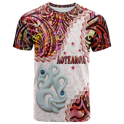New Zealand Maori T Shirt Aotearoa Manaia Red Paua Shell - Kia Ora