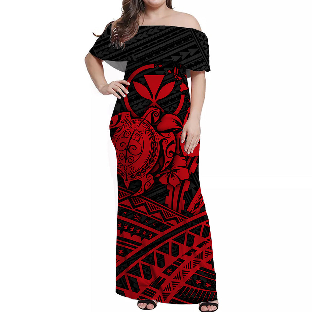 Hawaii Turtle With Hibiscus Tribal Off Shoulder Dress Red