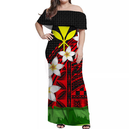 Hawaii Off Shoulder Dress Banana Leaf With Plumeria Flowers Red