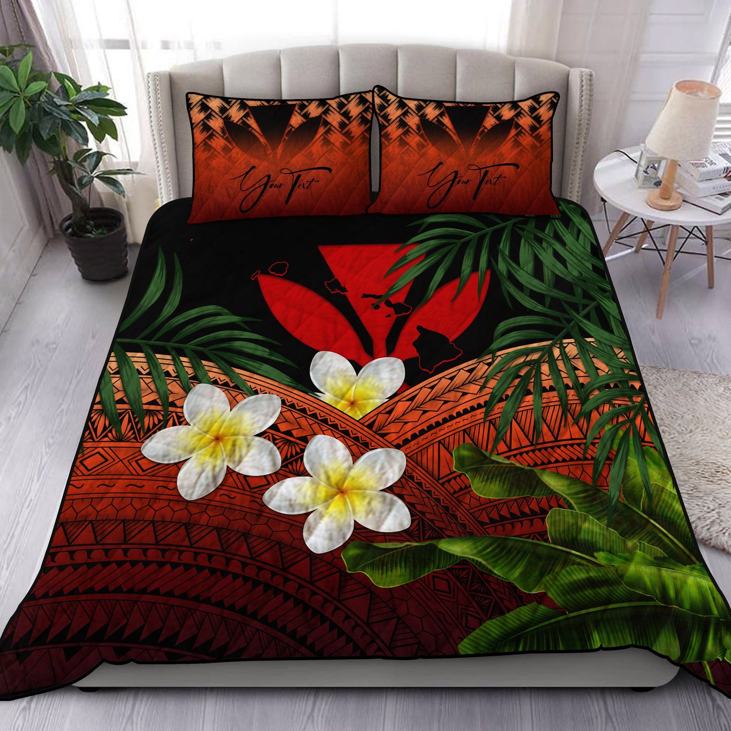 (Custom) Kanaka Maoli (Hawaiian) Quilt Bed Set, Polynesian Plumeria Banana Leaves Red Personal Signature