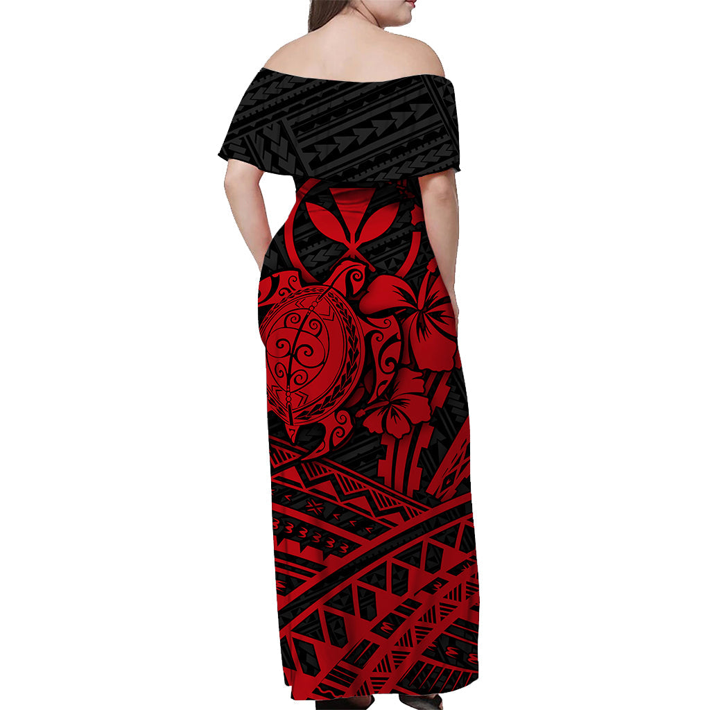 Hawaii Turtle With Hibiscus Tribal Off Shoulder Dress Red