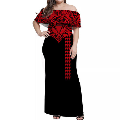 Hawaii Polynesian Tribal Off Shoulder Dress Red