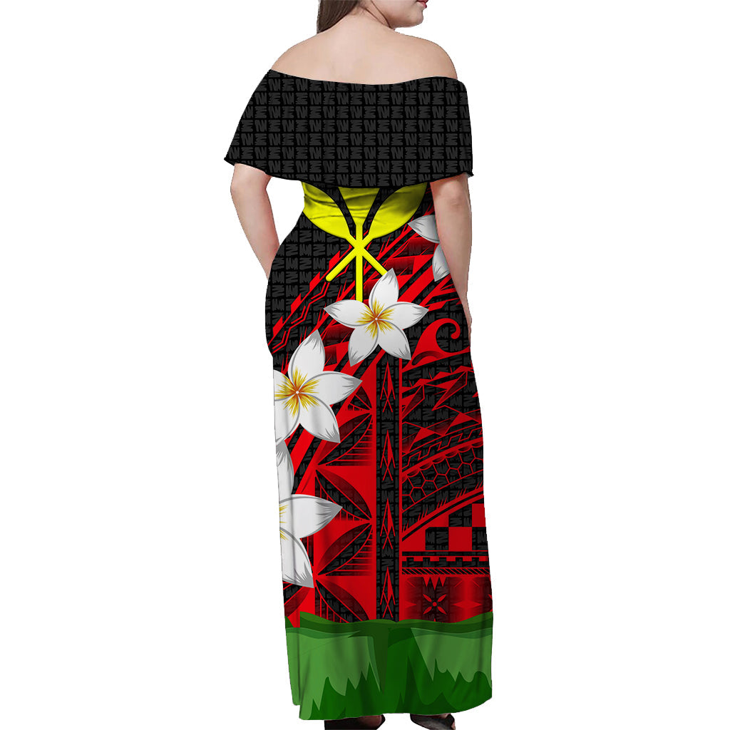 Hawaii Off Shoulder Dress Banana Leaf With Plumeria Flowers Red