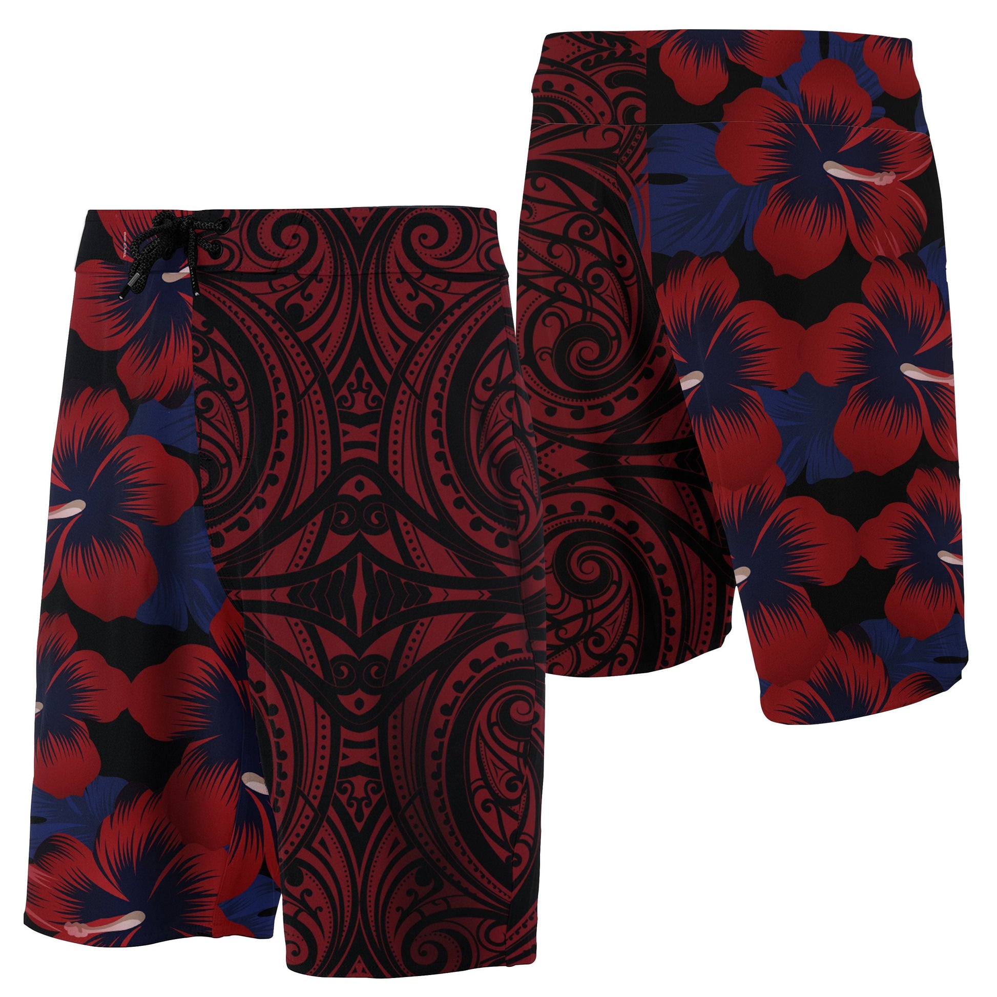 Hawaii Hibiscus Flowers Polynesian Board Shorts - Red - Haka Style