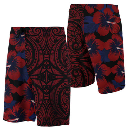 Hawaii Hibiscus Flowers Polynesian Board Shorts - Red - Haka Style
