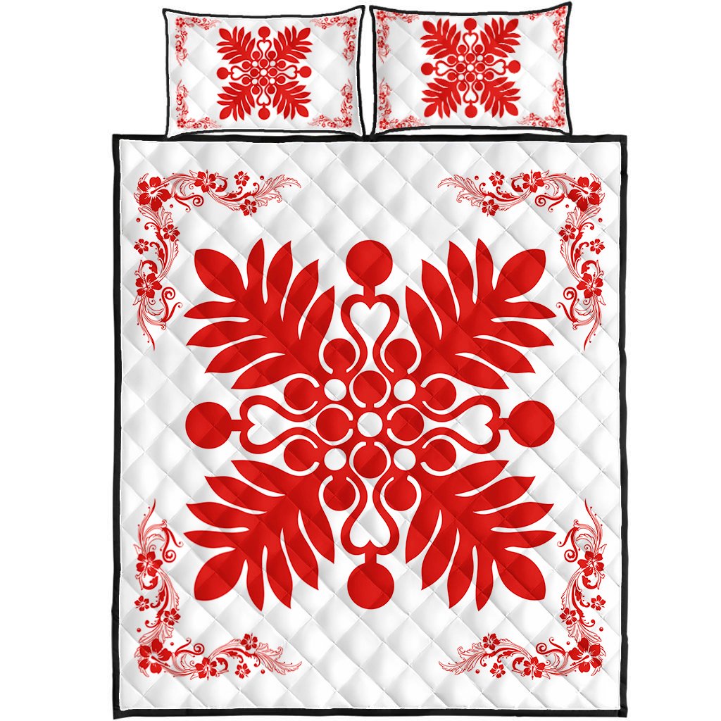 Hawaiian Quilt Maui Plant And Hibiscus Pattern Quilt Bed Set Red White AH