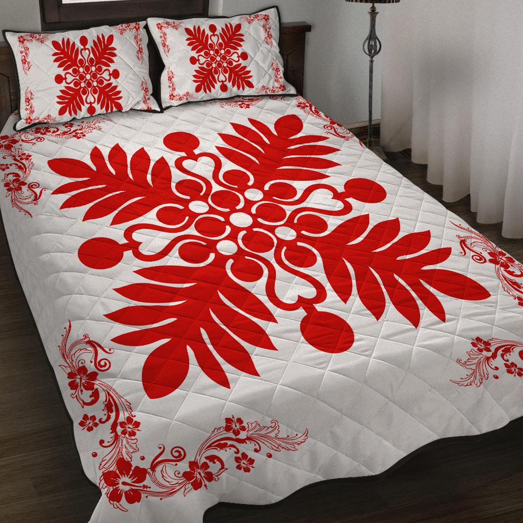 Hawaiian Quilt Maui Plant And Hibiscus Pattern Quilt Bed Set Red White AH