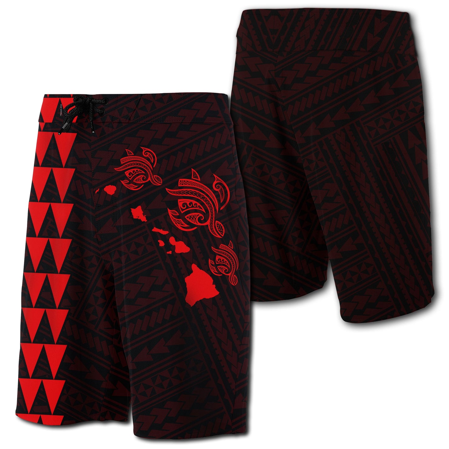 Hawaii Kakau Polynesian Three Turtles Map Board Shorts - Red