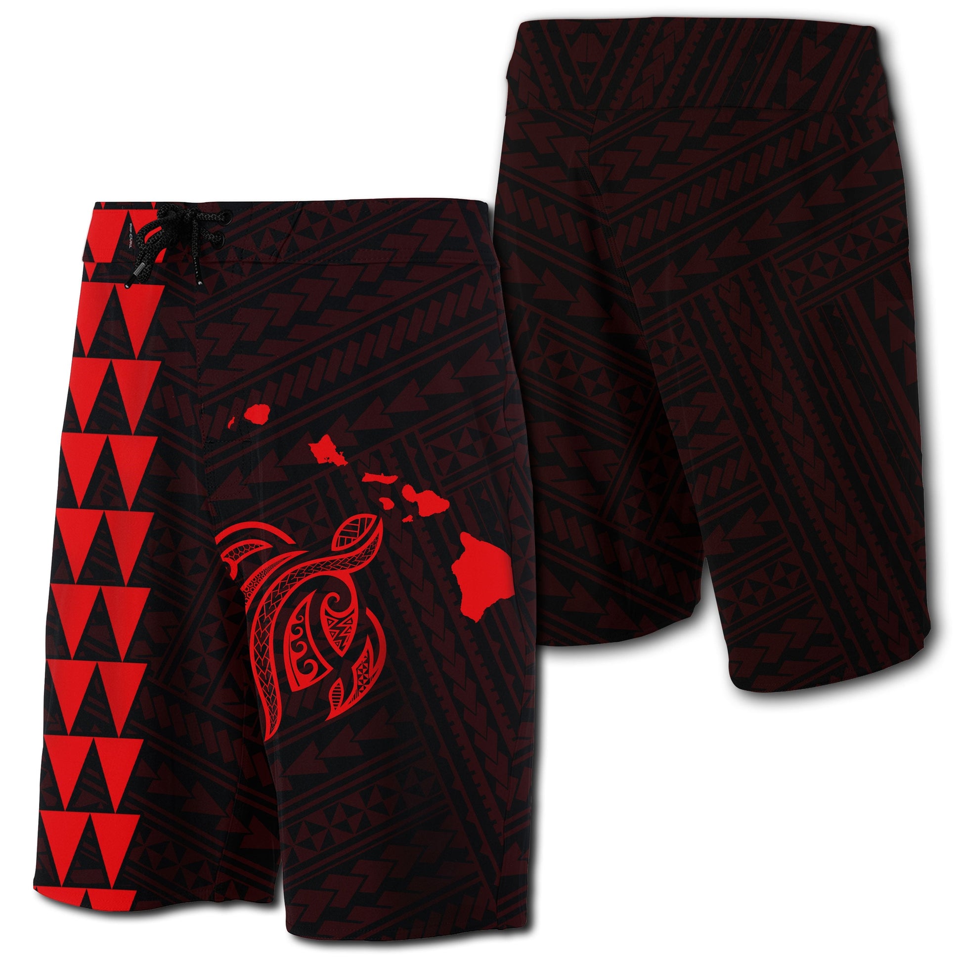 Hawaii Kakau Polynesian Turtle Map Board Shorts - Red