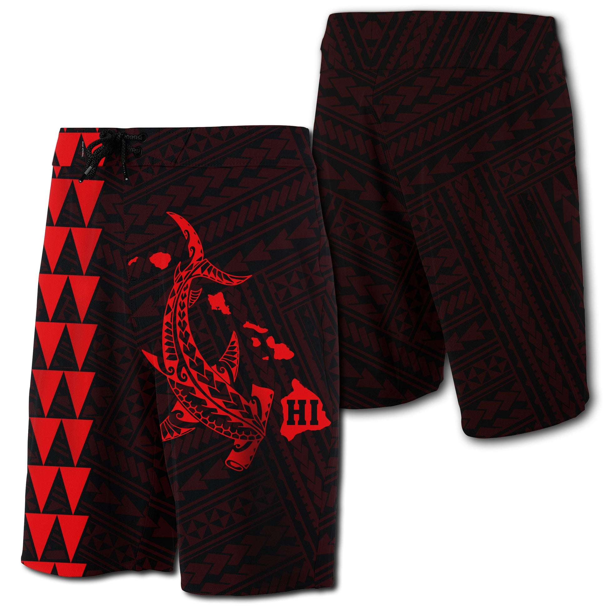 Hawaii Kakau Polynesian Hammerhead Shark Map Board Shorts - Red