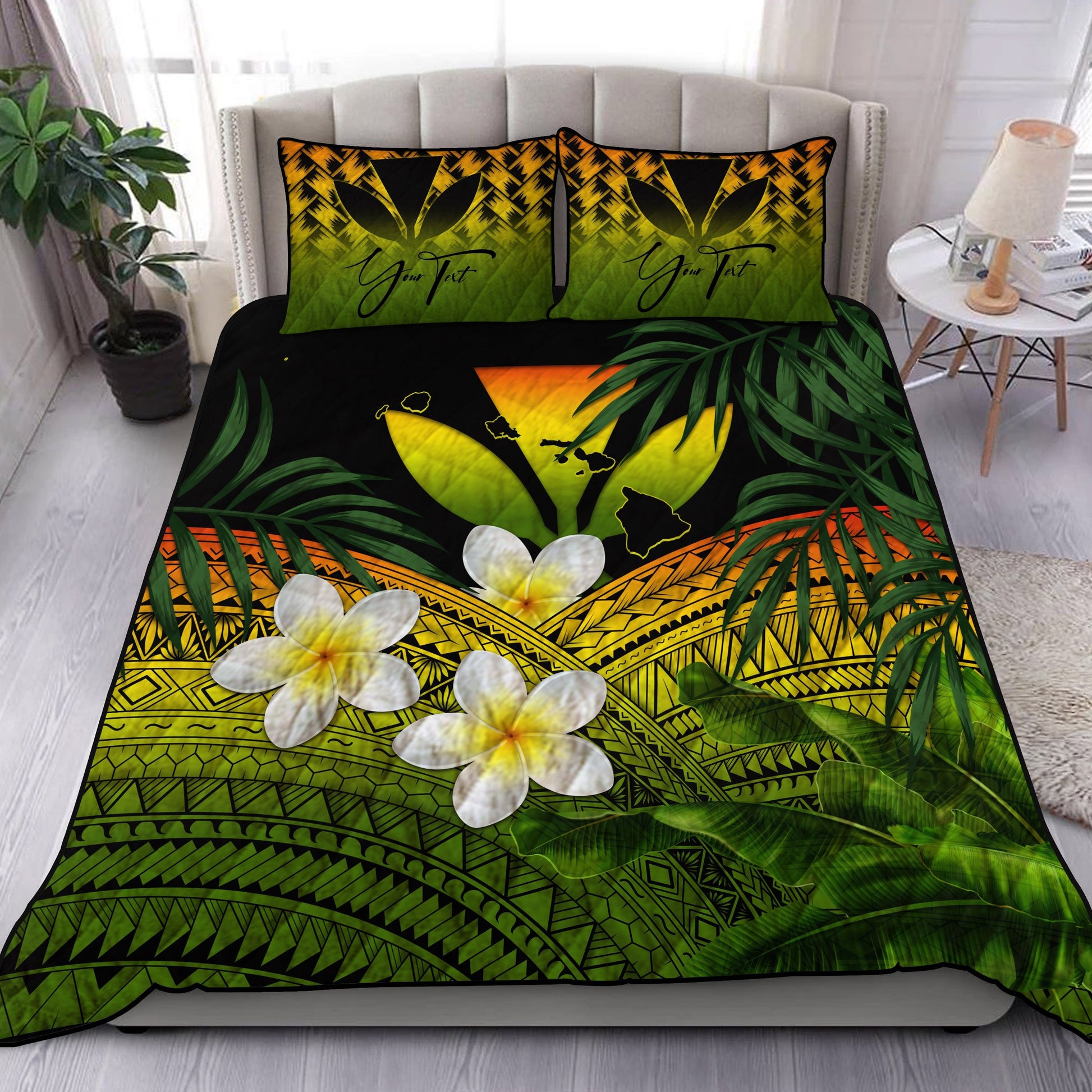 (Custom) Kanaka Maoli (Hawaiian) Quilt Bed Set, Polynesian Plumeria Banana Leaves Reggae Personal Signature