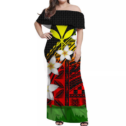 Hawaii Off Shoulder Dress Banana Leaf With Plumeria Flowers Reggae