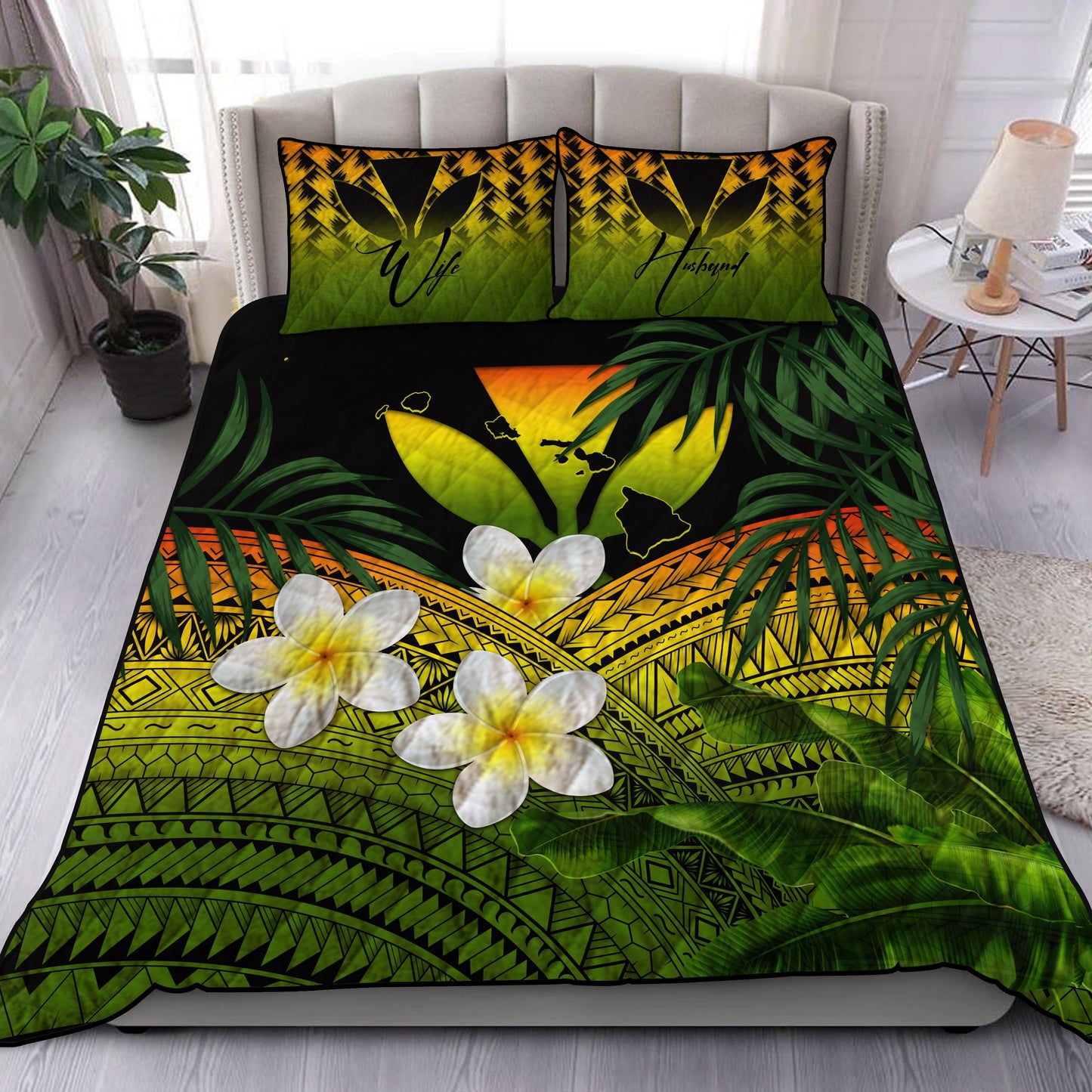 (Custom) Kanaka Maoli (Hawaiian) Quilt Bed Set, Polynesian Plumeria Banana Leaves Reggae Personal Signature