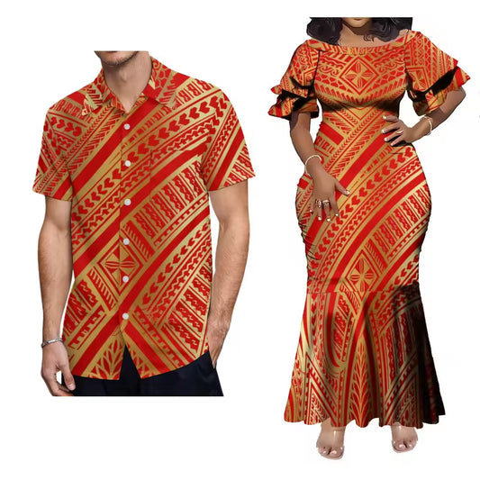 Polynesian Tribal Pattern Orange Outfit Couple For Her Him Short Sleeve Mermaid Long Dress And Hawaii Shirt Matching Outfit For Couple