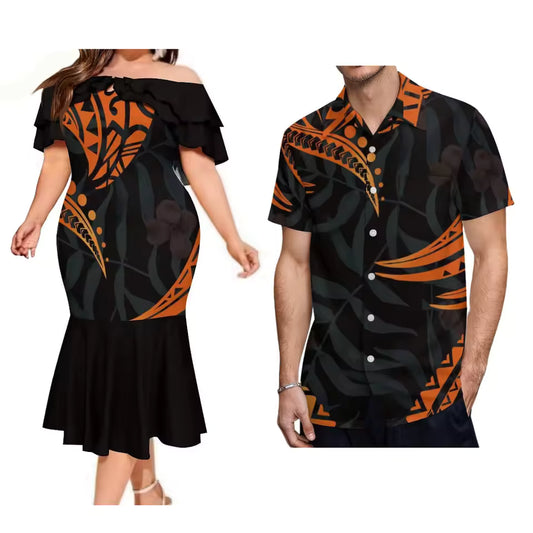 Polynesian Tribal Pattern Couple Set Printed Black Ruffled Fishtail Dress And Hawaiian Shirt Matching Ourfit For Couple