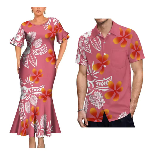Island Style Matching Outfit For Couple Polynesian Printed Flowers Short Sleeve Mermaid Long Dress And Hawaiian Shirt