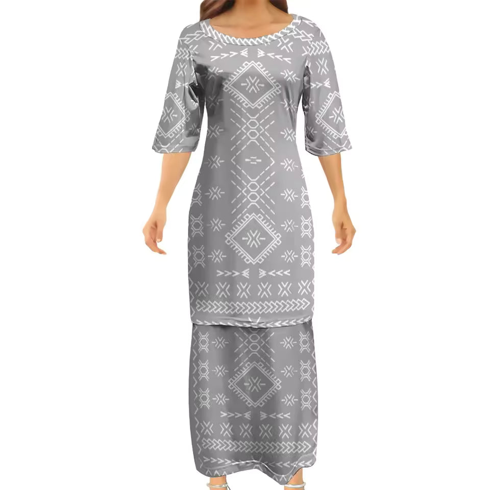 Samoan Grey Puletasi Polynesian Tattoo Pattern Matching Outfit For Couple Women Dresses lady Design Dress Matching Men's Short-Sleeved Shirts Couple Suit