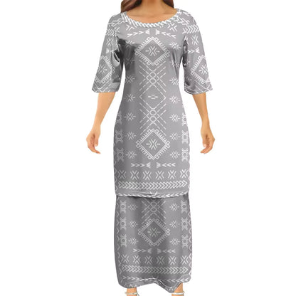 Samoan Grey Puletasi Polynesian Tattoo Pattern Matching Outfit For Couple Women Dresses lady Design Dress Matching Men's Short-Sleeved Shirts Couple Suit