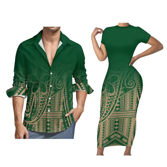 Matching Clothes For Couples Women Polynesian Tight Short Sleeve Dress Samoan Style Men Long Sleeve Shirt Green Blue Printed Couple