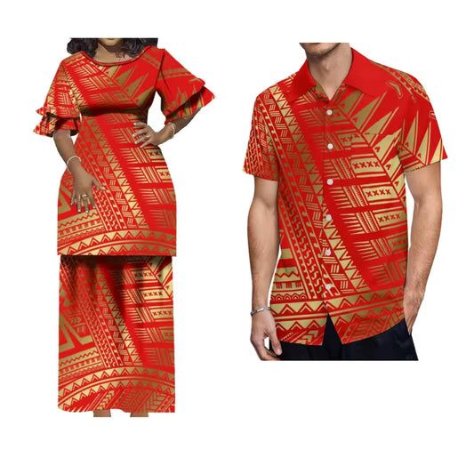 Red Polynesian Tribal Matching Outfit For Couple Puletasi Double layer Horn Sleeve Dress For Her and Hawaii Shirt For Him