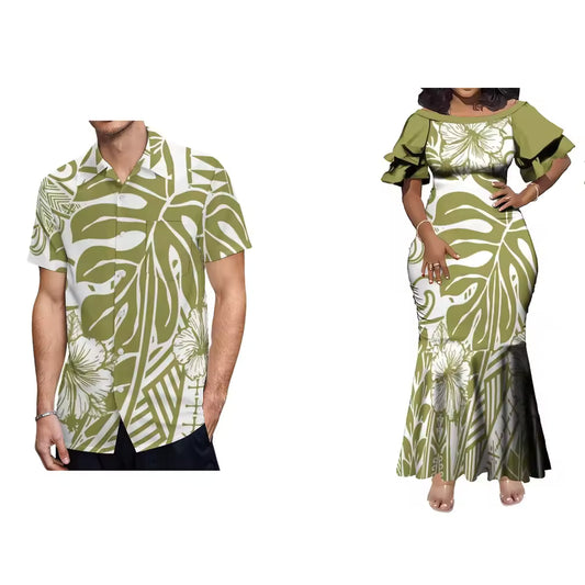 Polynesian Tribal Hibiscus Flowers Printed Couple Set For Her Him Island Matching Outfit Short Sleeve Mermaid Long Dress And Hawaiian Shirt Outfit Set