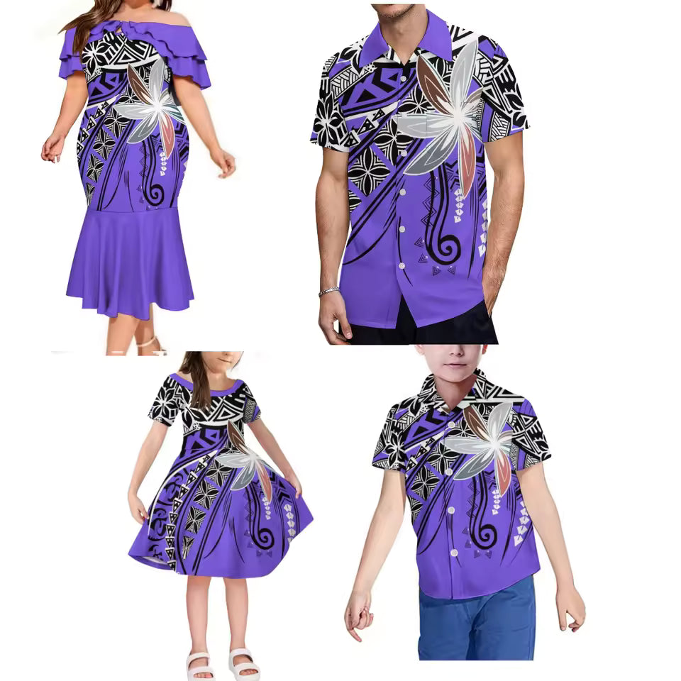 Matching Outfit For Family Polynesian Flower Pattern Ruffled Long Dress And Shirt