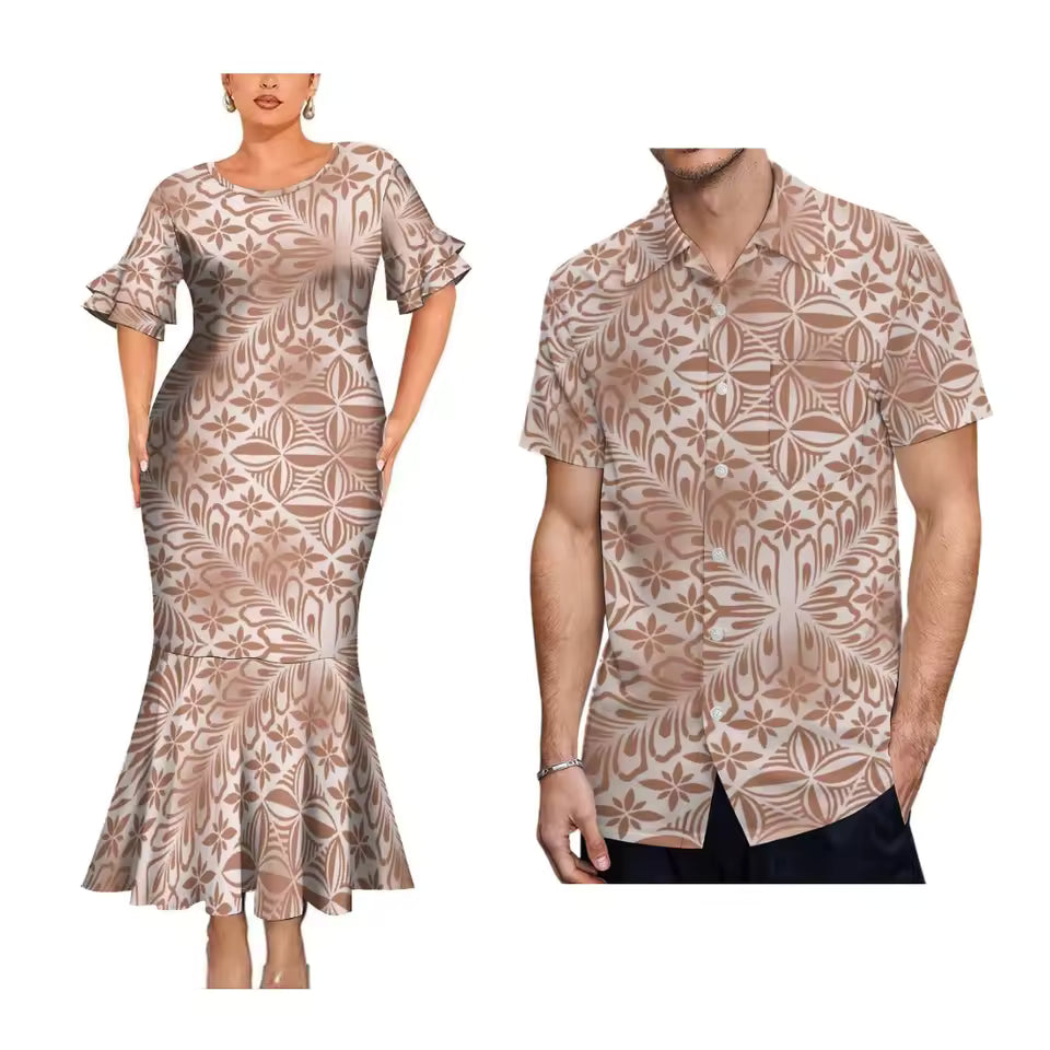 Polynesian Pattern Couple Matching Outfit Polynesian Tribal Short Sleeve Mermaid Long Dress And Hawaiian Shirt Outfit Set