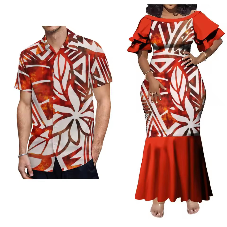 Pacific Island Polynesian Tribal Red Matching Outfit For Him Her Women'S Short-Sleeved Mermaid Dress Party Men Shirt Couple Set