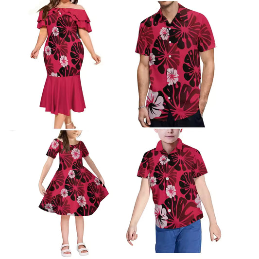 Polynesian Tribal Flowers Pattern Matching Outfit For FamilyTropical Ruffled Long Dress And Shirt For Family Members