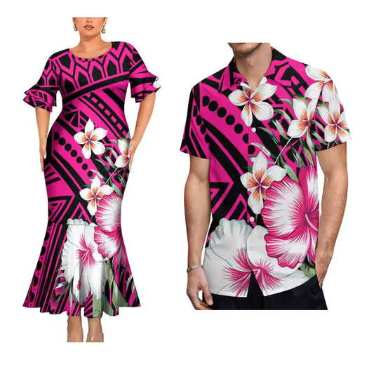 Polynesian Flowers Pattern Black Outfit For Couple Women'S Short-Sleeved Dress Party Hawaiian Shirt For Men