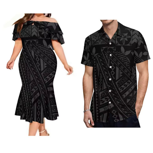 Polynesian Tribe Black Fishtail Dress Matching Outfit For Couple Polynesian Pattern Printed Dress And Hawaiian Shirt Outfit Set