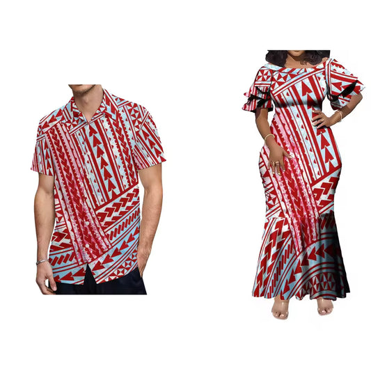 Red Polynesian Tribal Pattern Printed Matching Outfit For Couple Women'S Short-Sleeved Mermaid Dress Party Men's Hawaiian Shirt