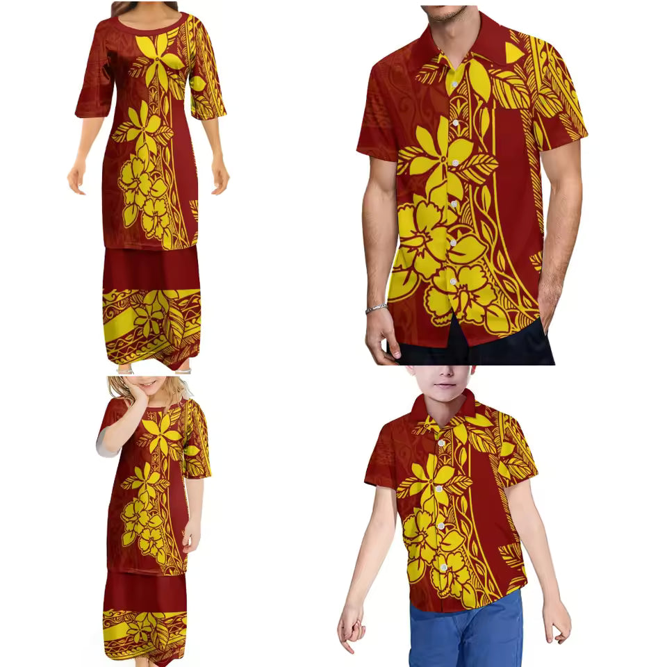 Flowers Polynesian Tribal Pattern Printed Family Set Women's Puletasi Men'S Shirt Adult Children Matching Outfit For Family Clothing